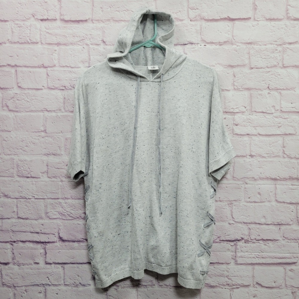 Cabi Light Gray Flecked Knit Hoodie Shirt XXS Lace Up Side Short Slv Cozy Casual